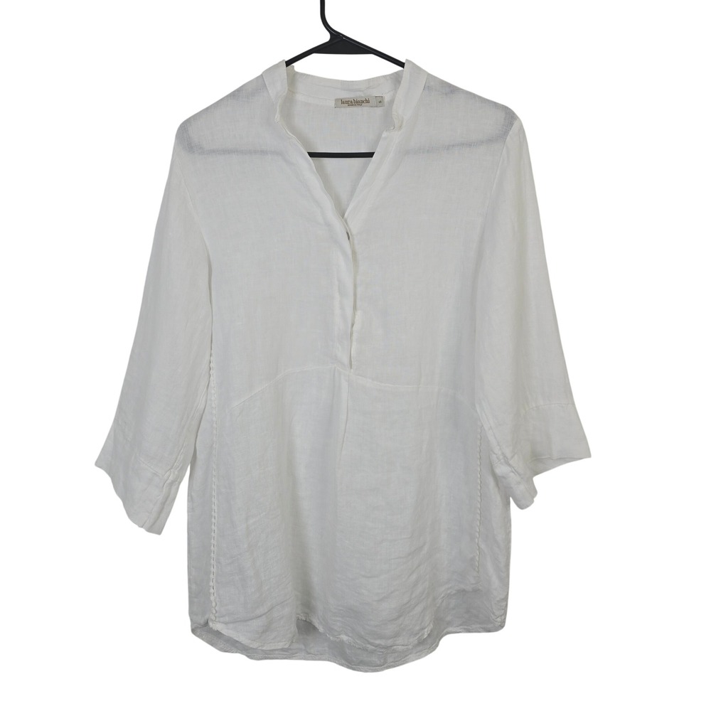 Laura Bianchi White 100% Linen Tunic Blouse Made in Italy Small Boho 3/4 Sleeve